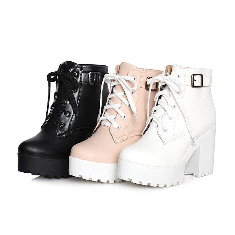 Women's Sponge Cake Chunky Heel Lace-Up Martin Boots