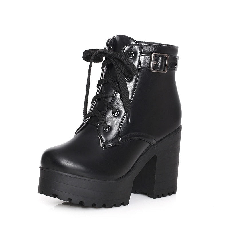 Women's Sponge Cake Chunky Heel Lace-Up Martin Boots