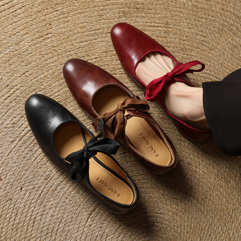 Women's French-style Vintage Low-heeled Leather Heels