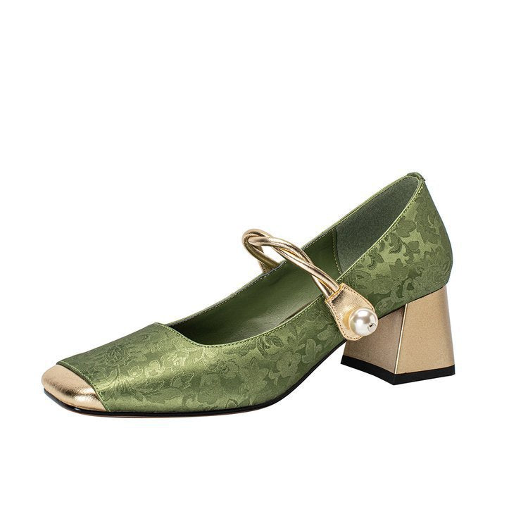 Embossed Silk Kitten Heels with Pearl Strap
