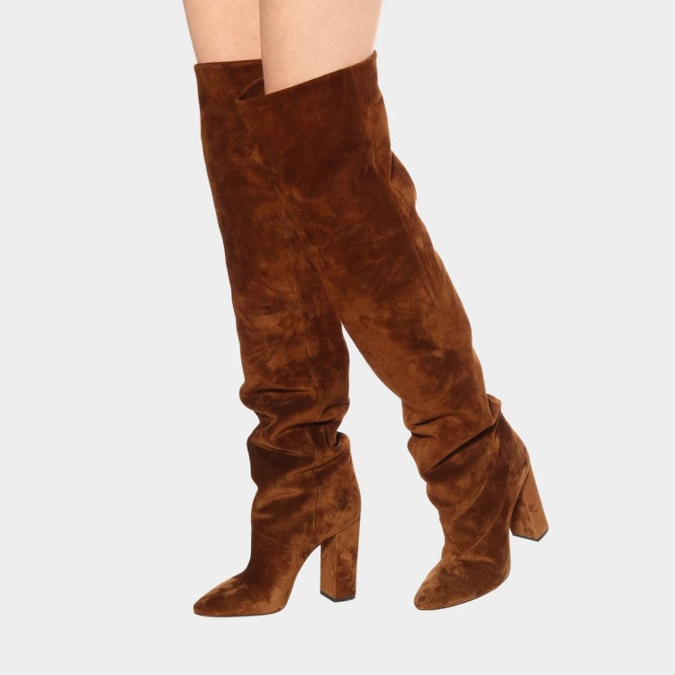 Women's Matte Over The Knee Thick Heel Pleated Boots
