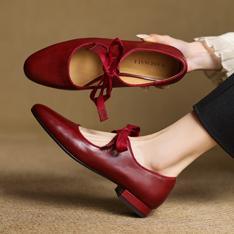 Women's French-style Vintage Low-heeled Leather Heels
