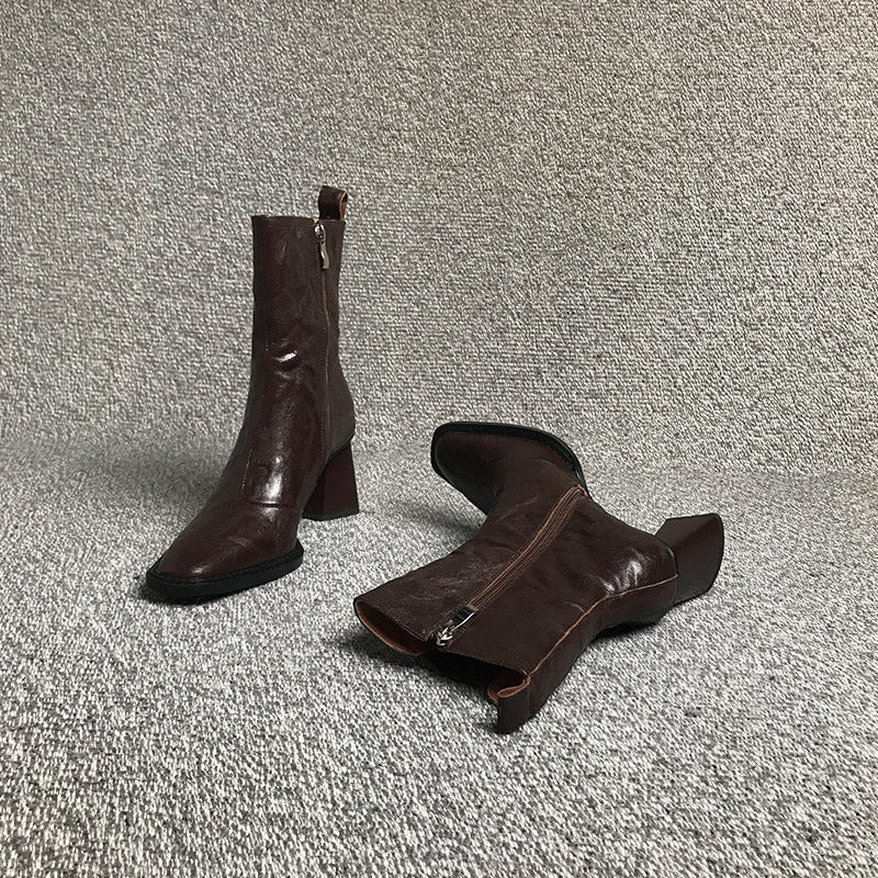 Women's Square Head Boots With Chunky Heels