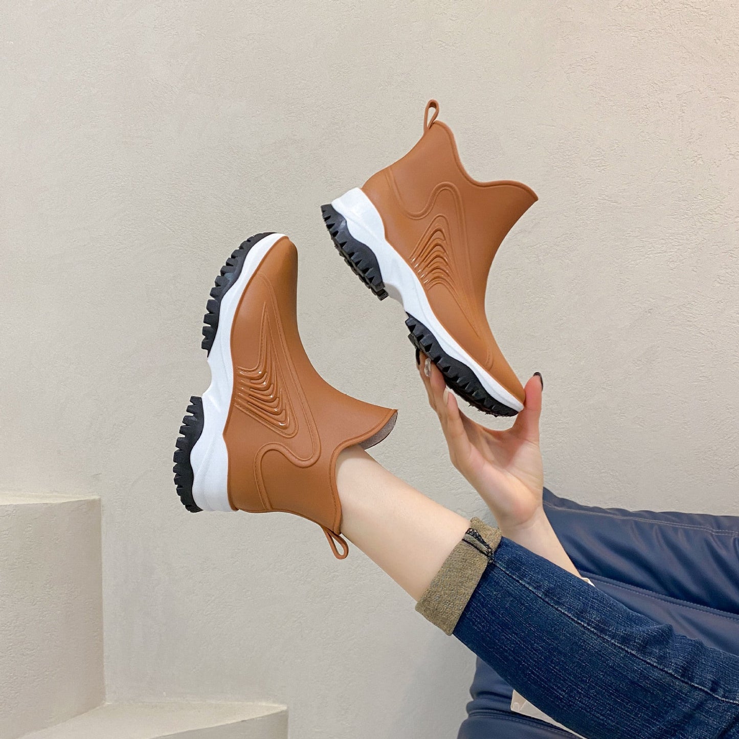 Women's Color Blocking Thick Sole Low Top Rain Boots