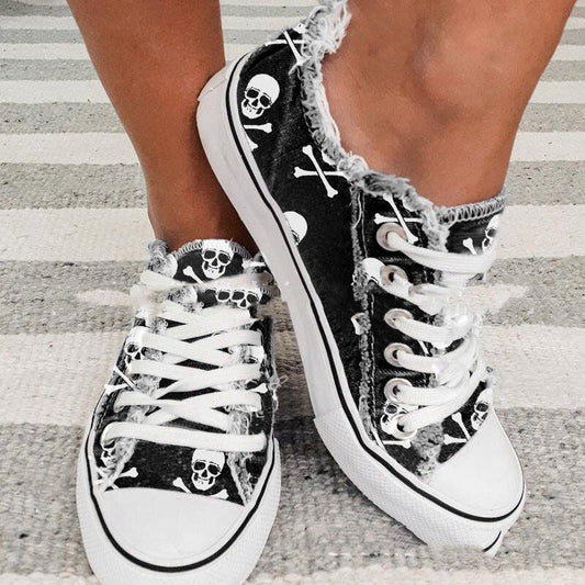 Unisex Skull Bone 3D Printed Denim Canvas Shoes