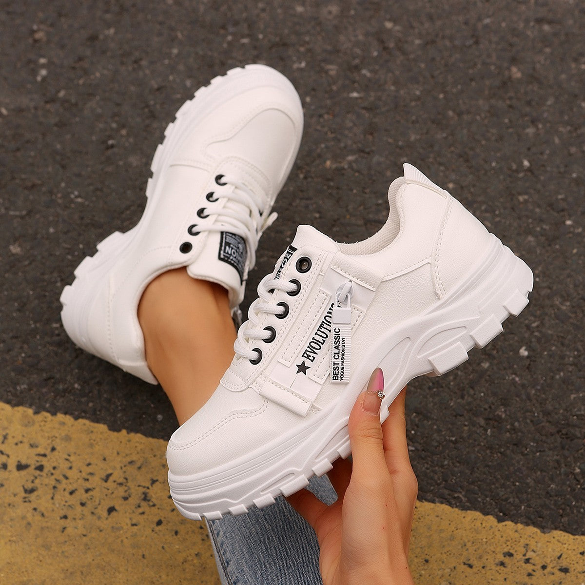 Women's Lace-Up Sports Shoes With Side-Zipper Design Casual Sneakers