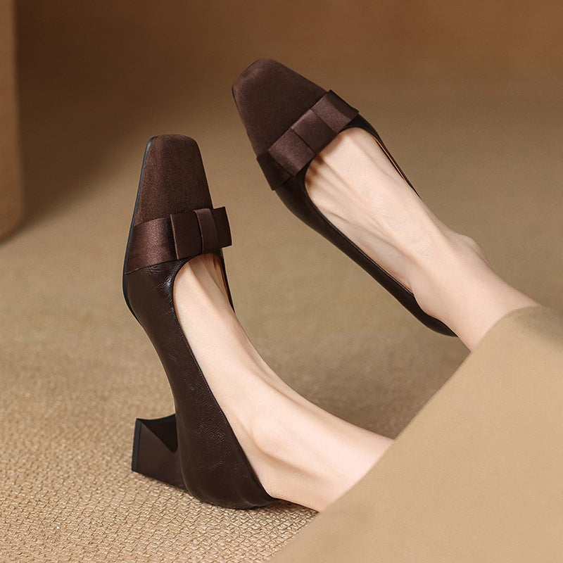 Women's Retro Square-Toe Chunky Heel Bow Pumps