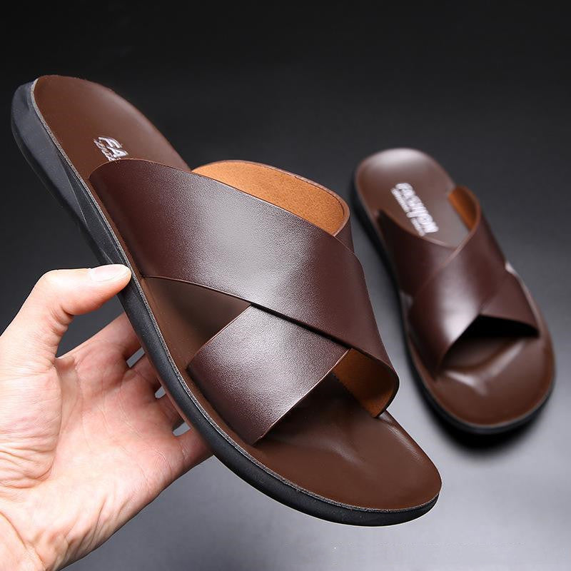 Unisex Cowhide Leather Cross-Strap Sandals