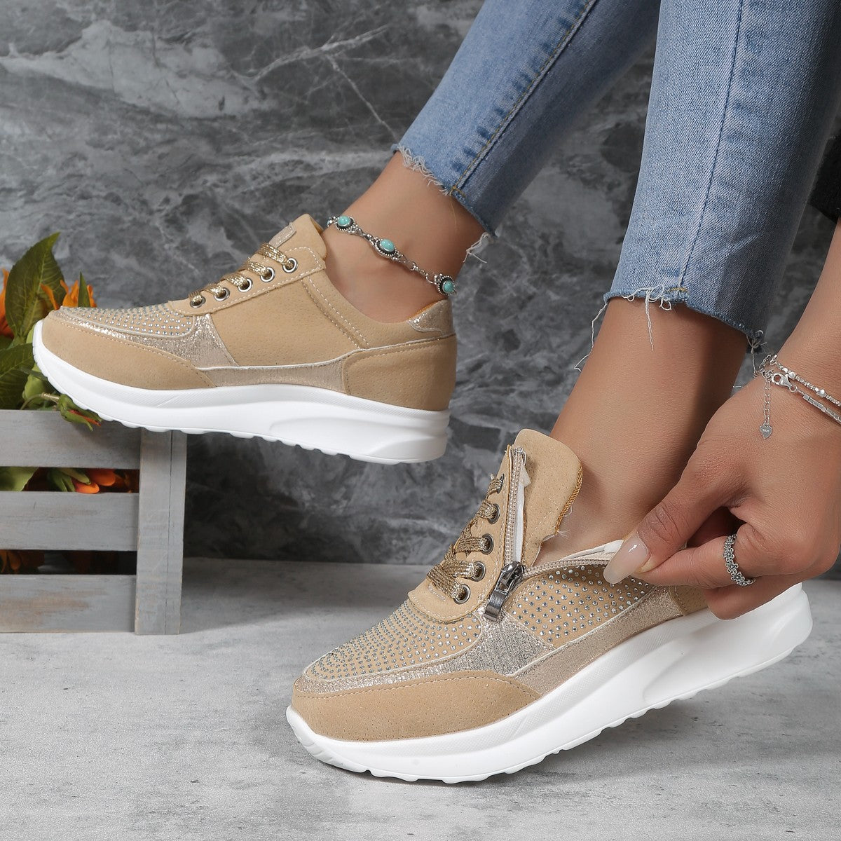 Women's Flat Round-Toe Rhinestone Pumps Sports Casual Loafers