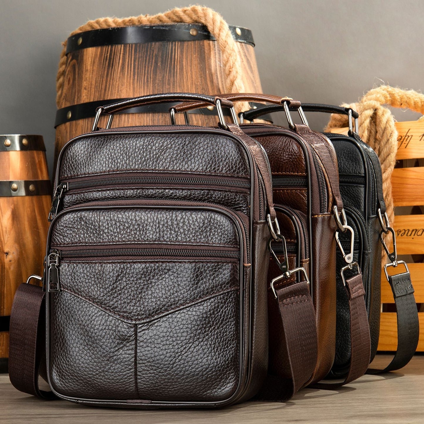 Men's Top Grain Leather Business Commuter Crossbody Bag