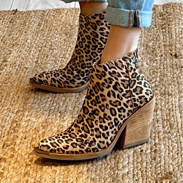 Women's Leopard Pointed Ankle High-Top Boots