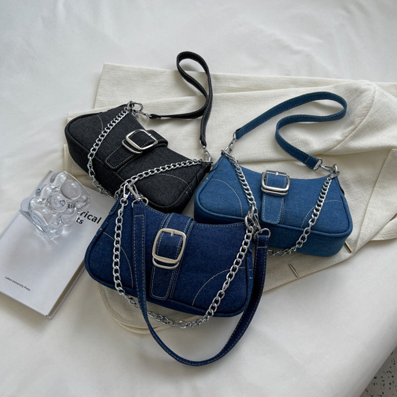 Women's Denim Crossbody Bag with Chain Detail