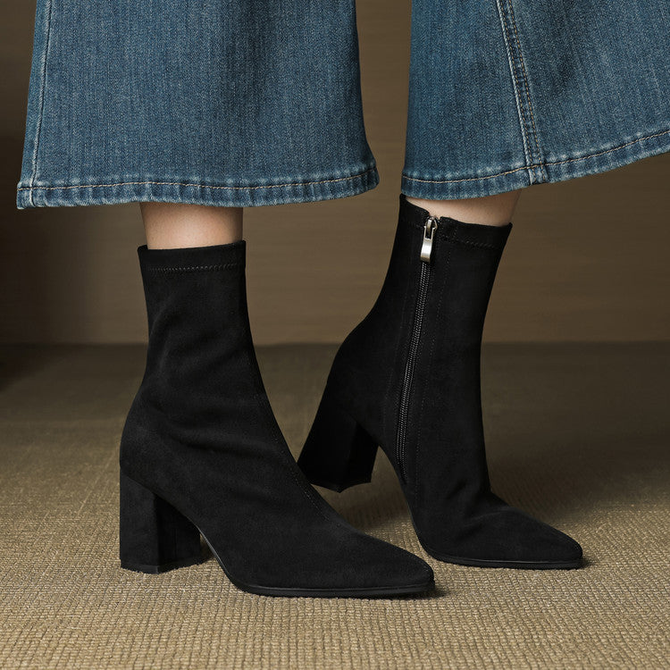 Women's High-Heel Stretch Side Zipper Block Heel Boots