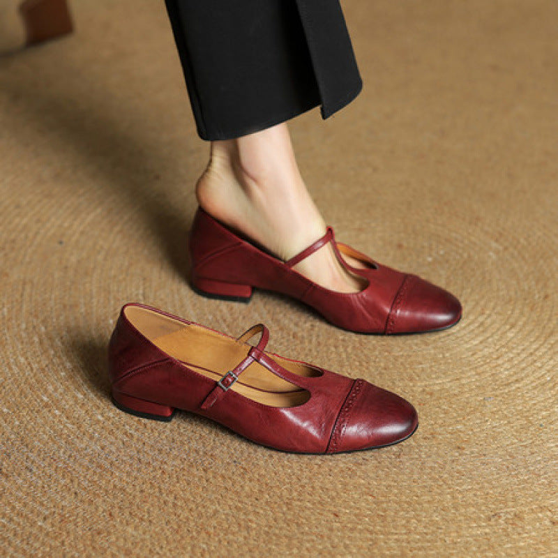 Women's T-shaped Buckle Cowhide Flats