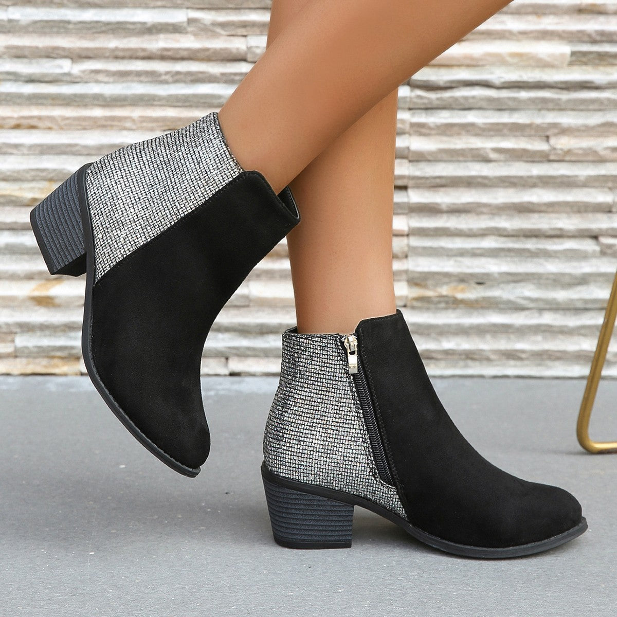 Women's Sequin Chunky Heel Side Zip Boots