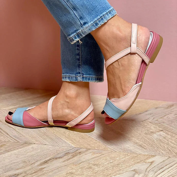 Color Block Open-Toe Low-Heel Buckle Preppy Sandals
