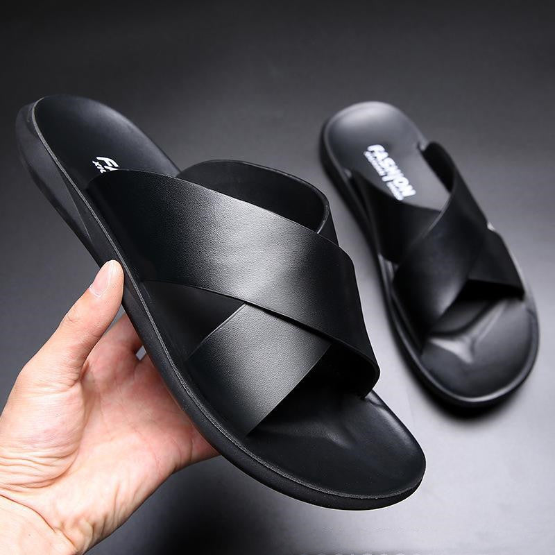 Unisex Cowhide Leather Cross-Strap Sandals