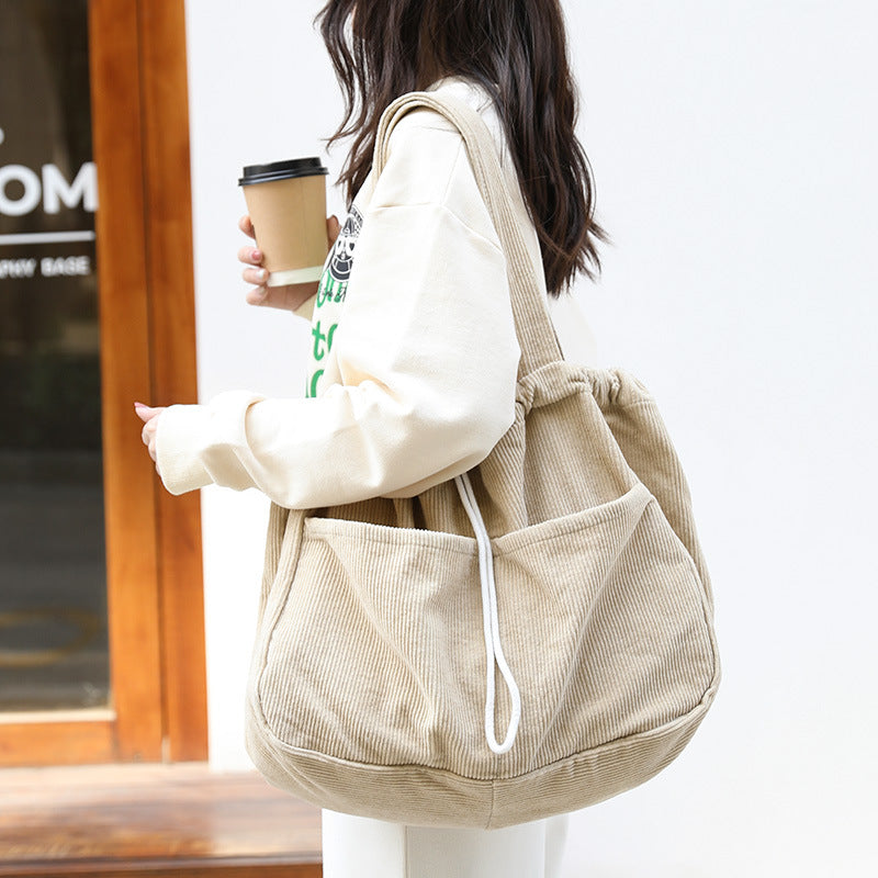 Women's Corduroy Drawstring Shoulder Bag Travel Bag