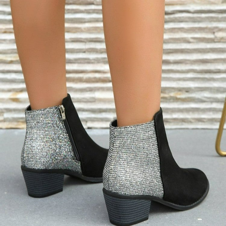 Women's Sequin Chunky Heel Side Zip Boots