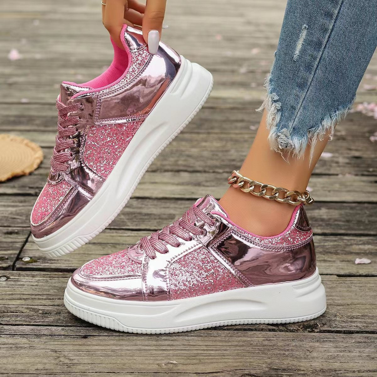 Women's Sequin Lace-Up Platform Sneakers