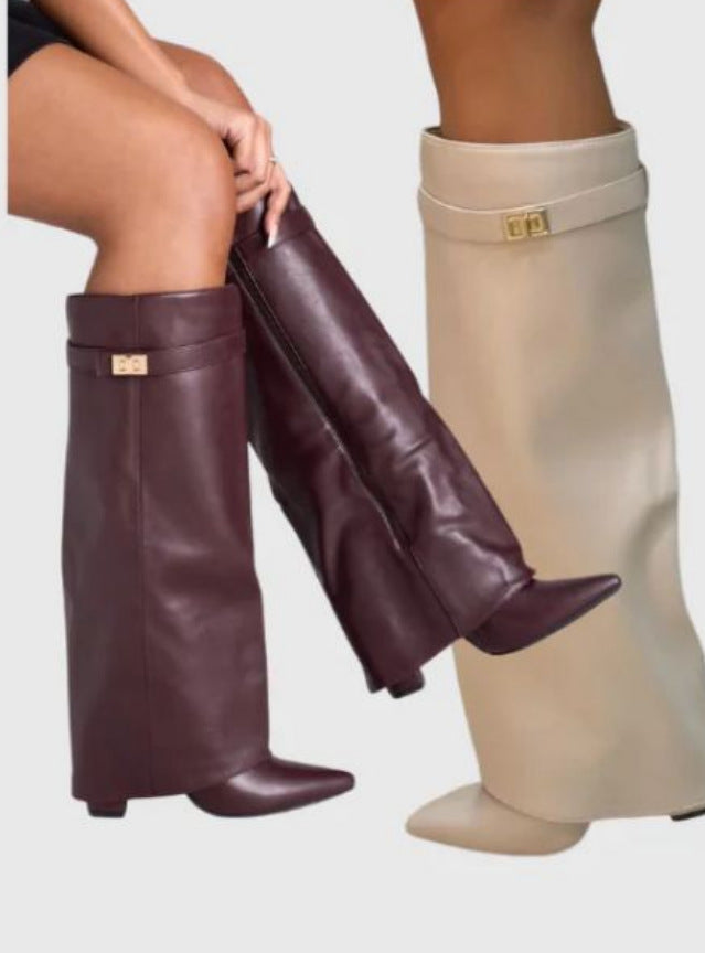 Women's Pointed-Toe Chunky Sole Mid-Calf Boots
