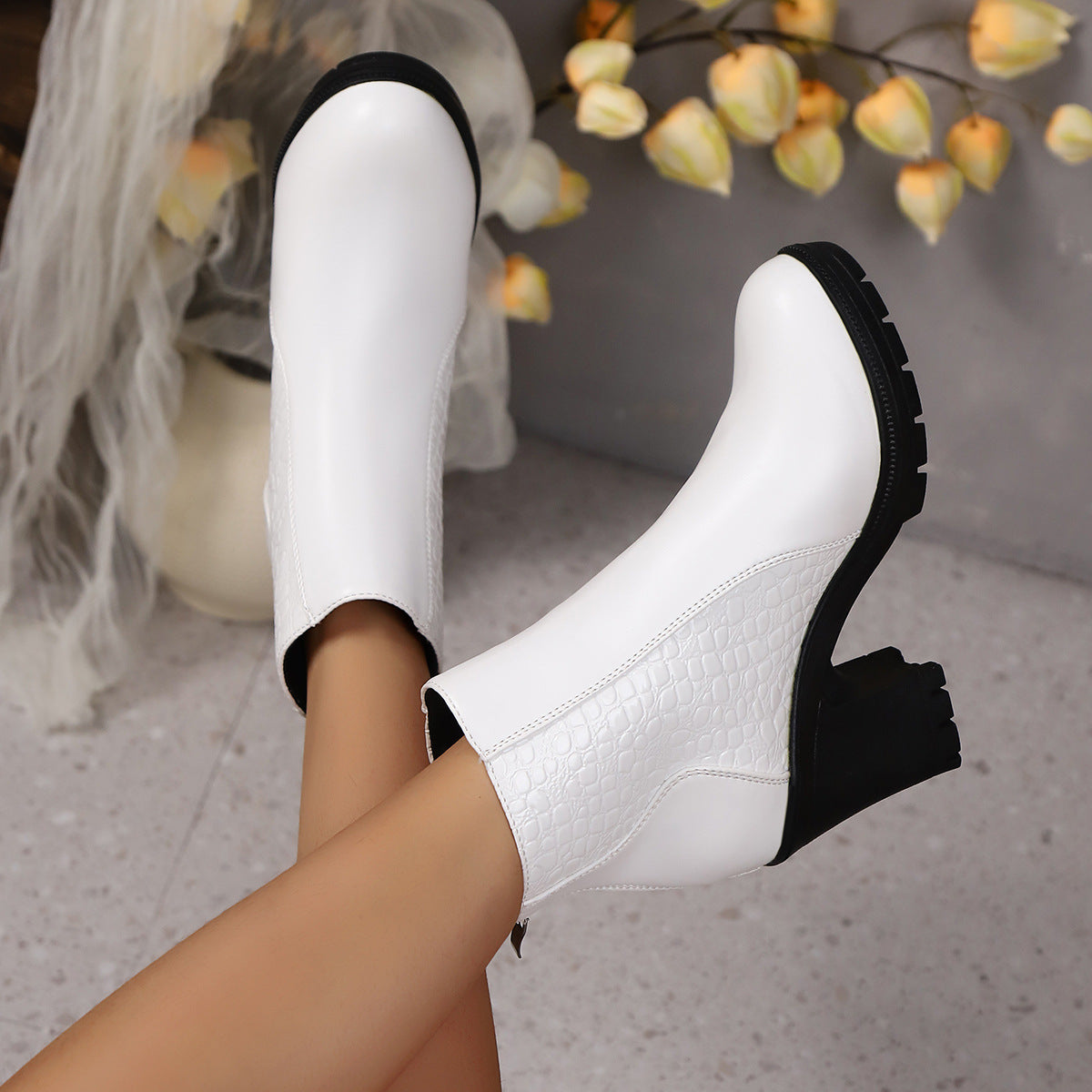 Women's Chunky Heel Wedges with Back Zipper