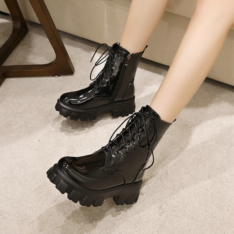 Patent Leather Lace-Up Platform Boots