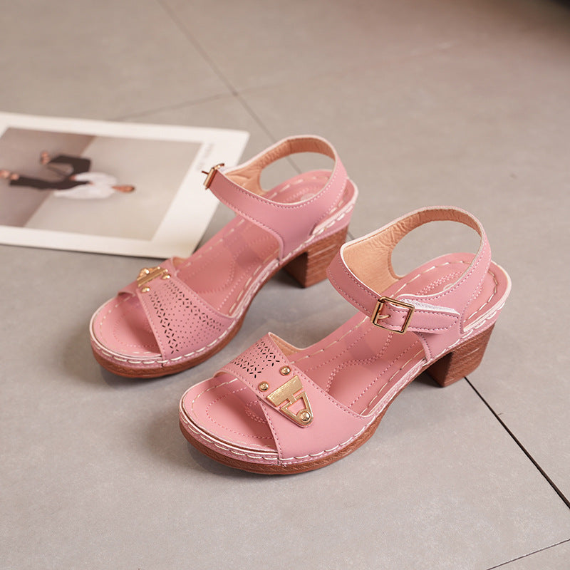 Women's Face Buckle Chunky Heel Sandals
