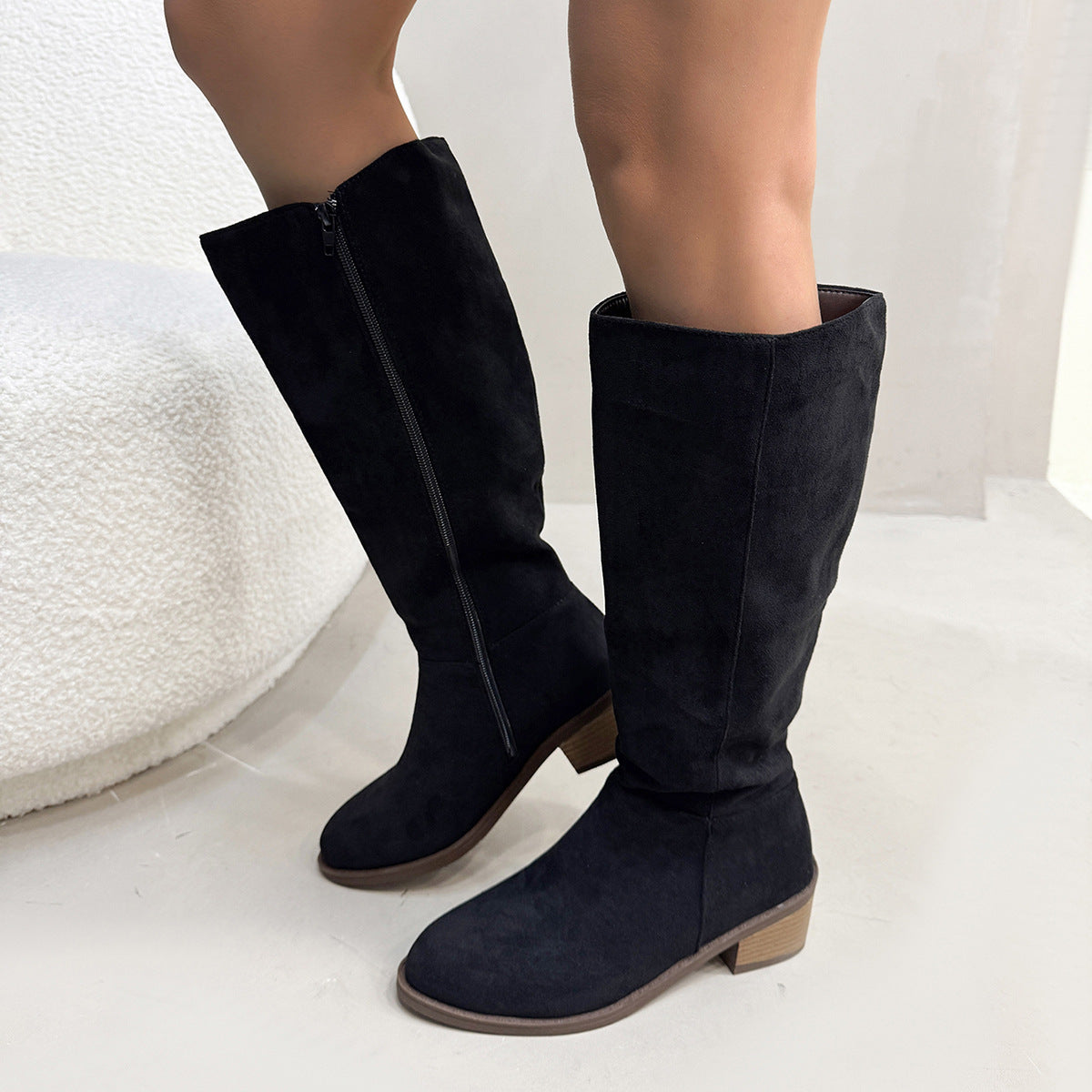 Women's Chunky Heel Suede Side Zipper Boots
