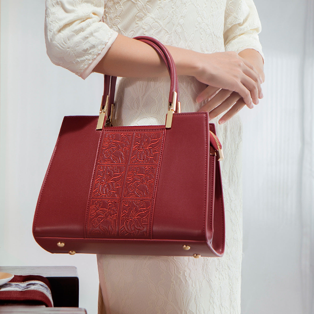 Women's Red Embroidered Handbag
