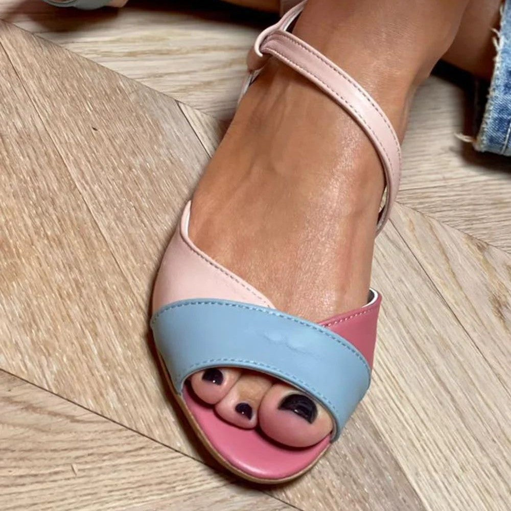 Color Block Open-Toe Low-Heel Buckle Preppy Sandals