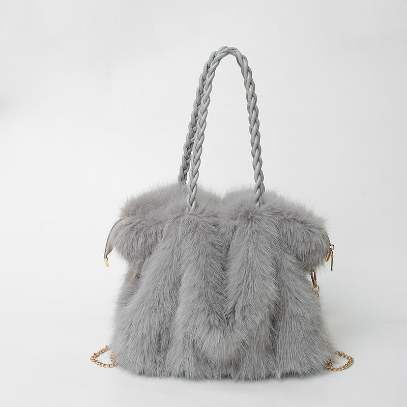 Pleated Faux Fox Fur Shoulder Bag