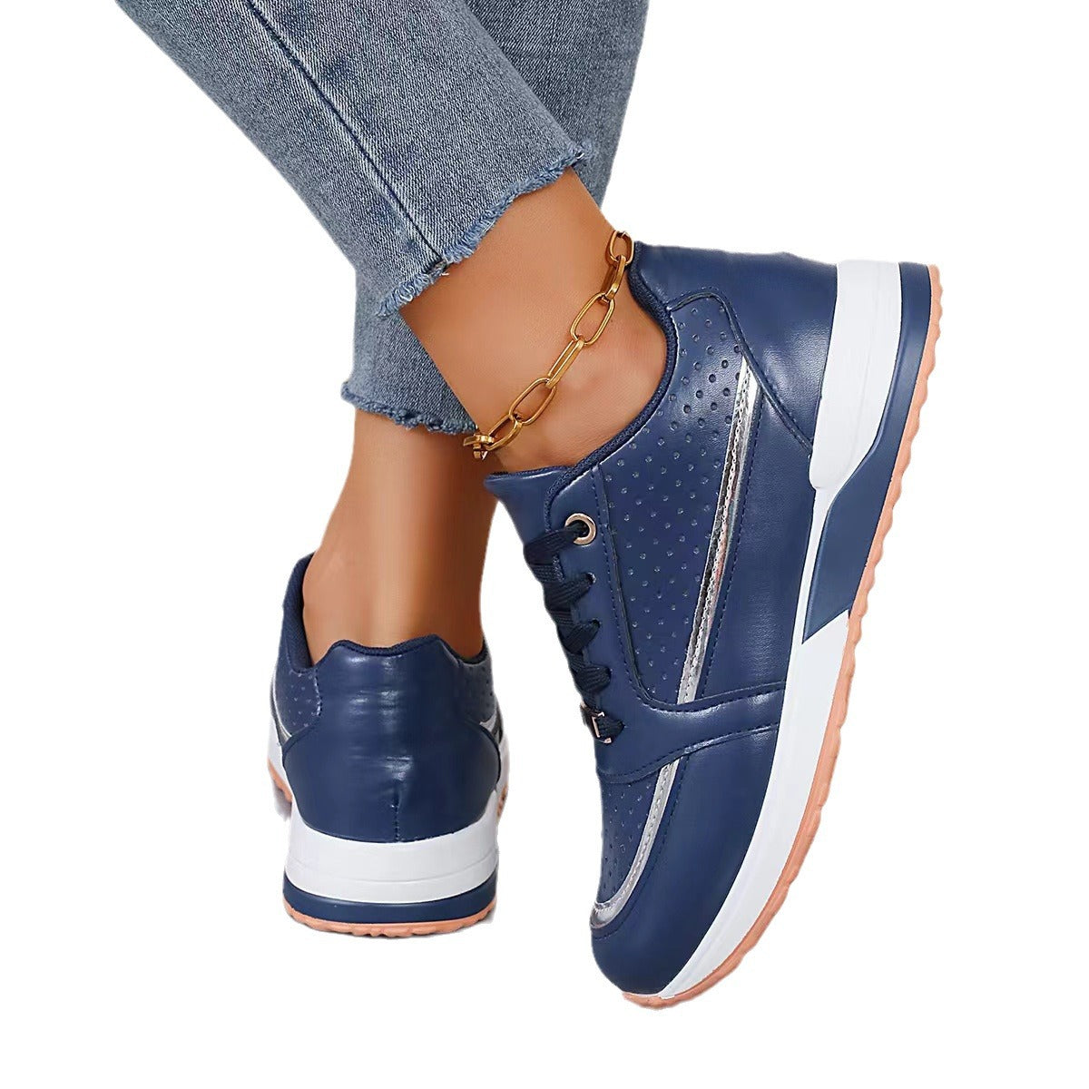 Women's Color-blocked Round-toe Lace-up Flats