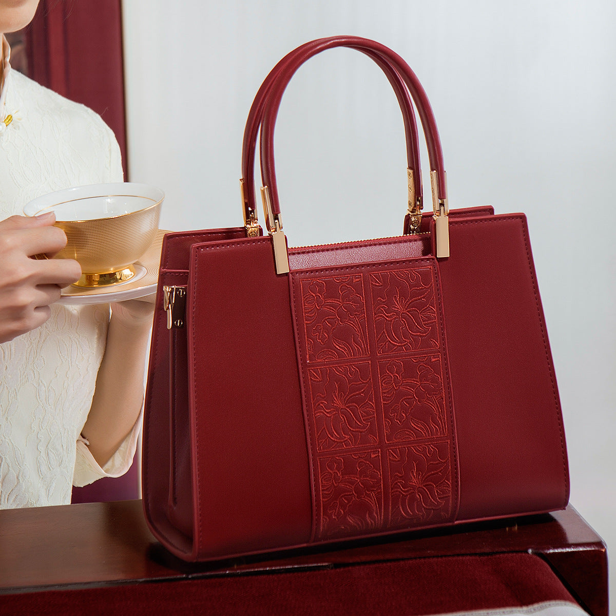 Women's Red Embroidered Handbag