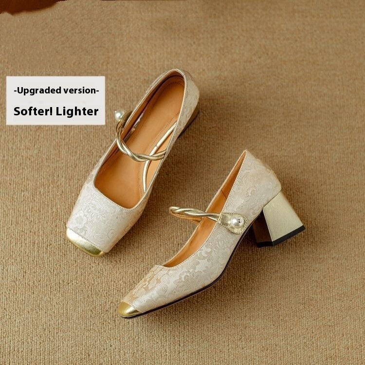 Embossed Silk Kitten Heels with Pearl Strap