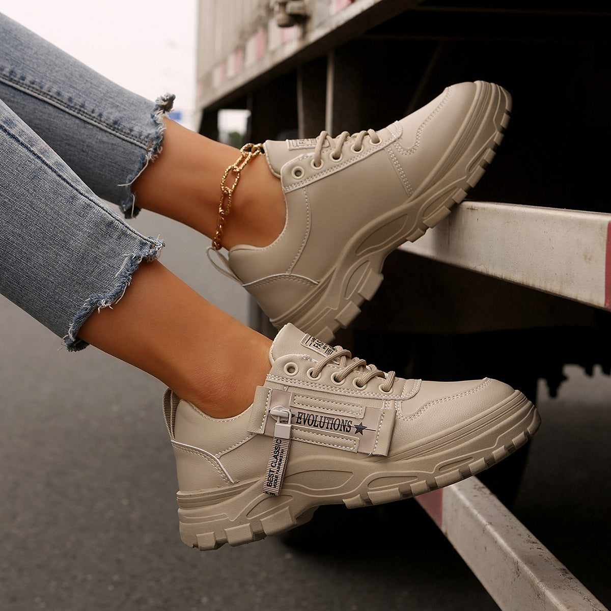 Women's Lace-Up Sports Shoes With Side-Zipper Design Casual Sneakers