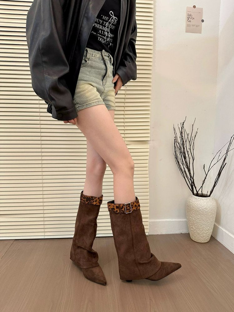 Women's Retro Western Slimming Belt Buckle Middle Boots