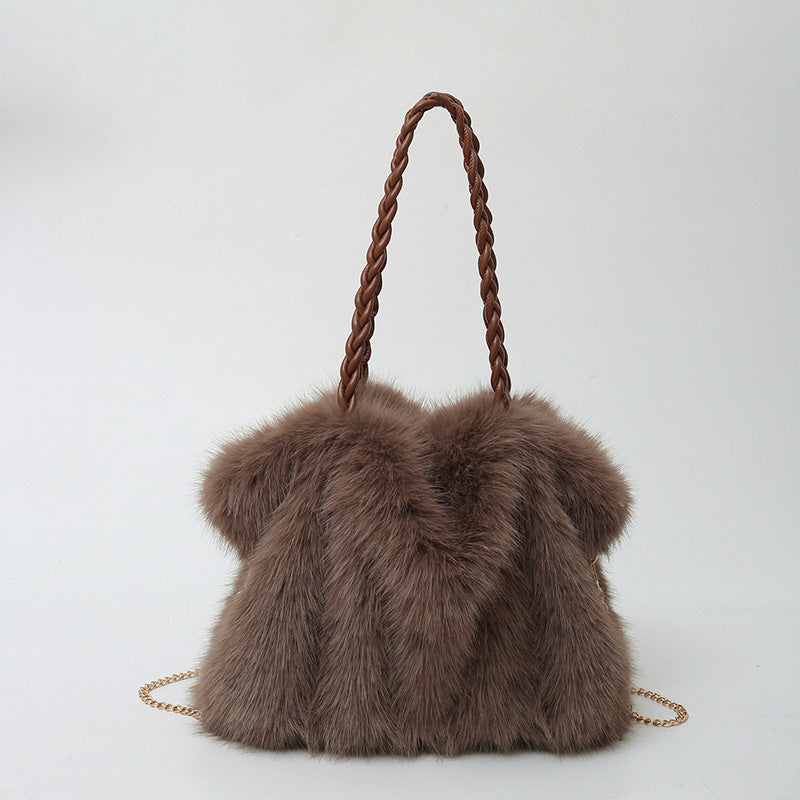Pleated Faux Fox Fur Shoulder Bag