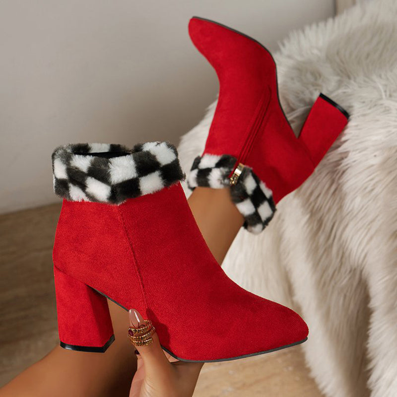 Women's Plaid Print Plush Ankle Boots