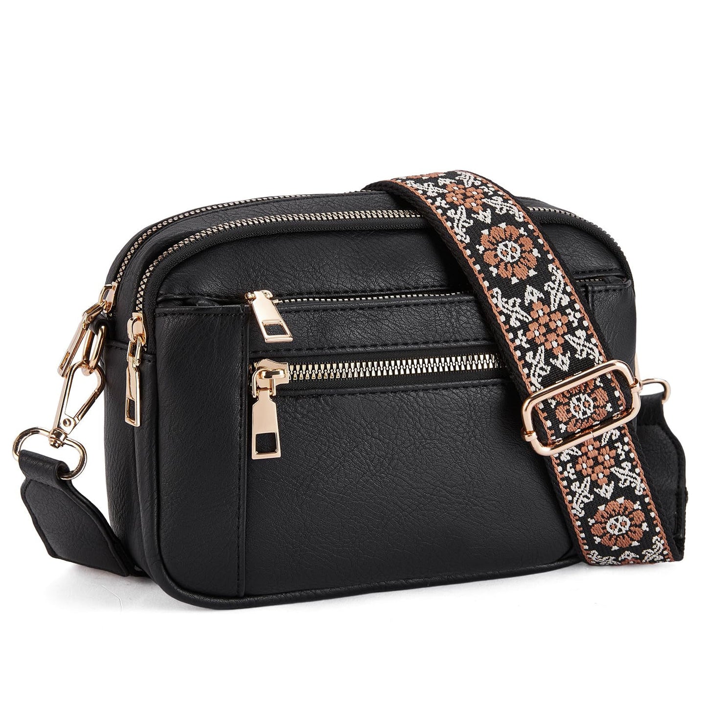 Women's Triple-Zipper Crossbody Bag with Floral Embroidered Strap