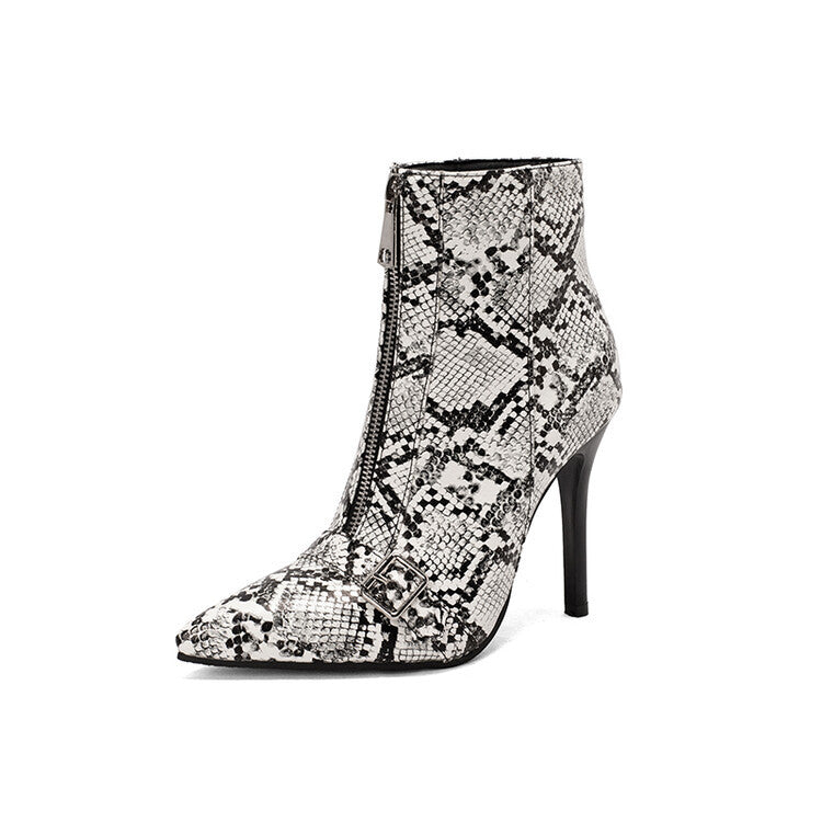 Women's Belt Buckle Front Zipper High-Heel Boots