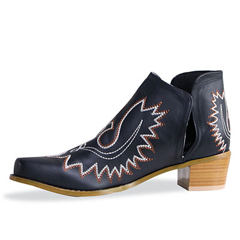 Pointed Embroidered Chunky Heel Ankle Boots
