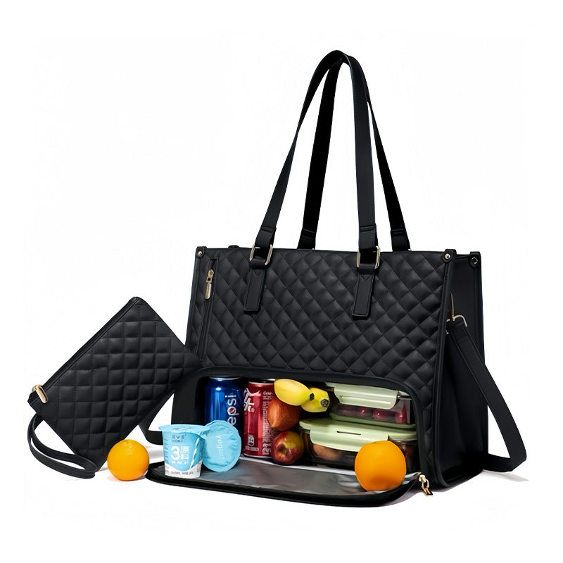 Unisex 2-in-1 Quilted Commuter Tote and Lunch Bag Handbag
