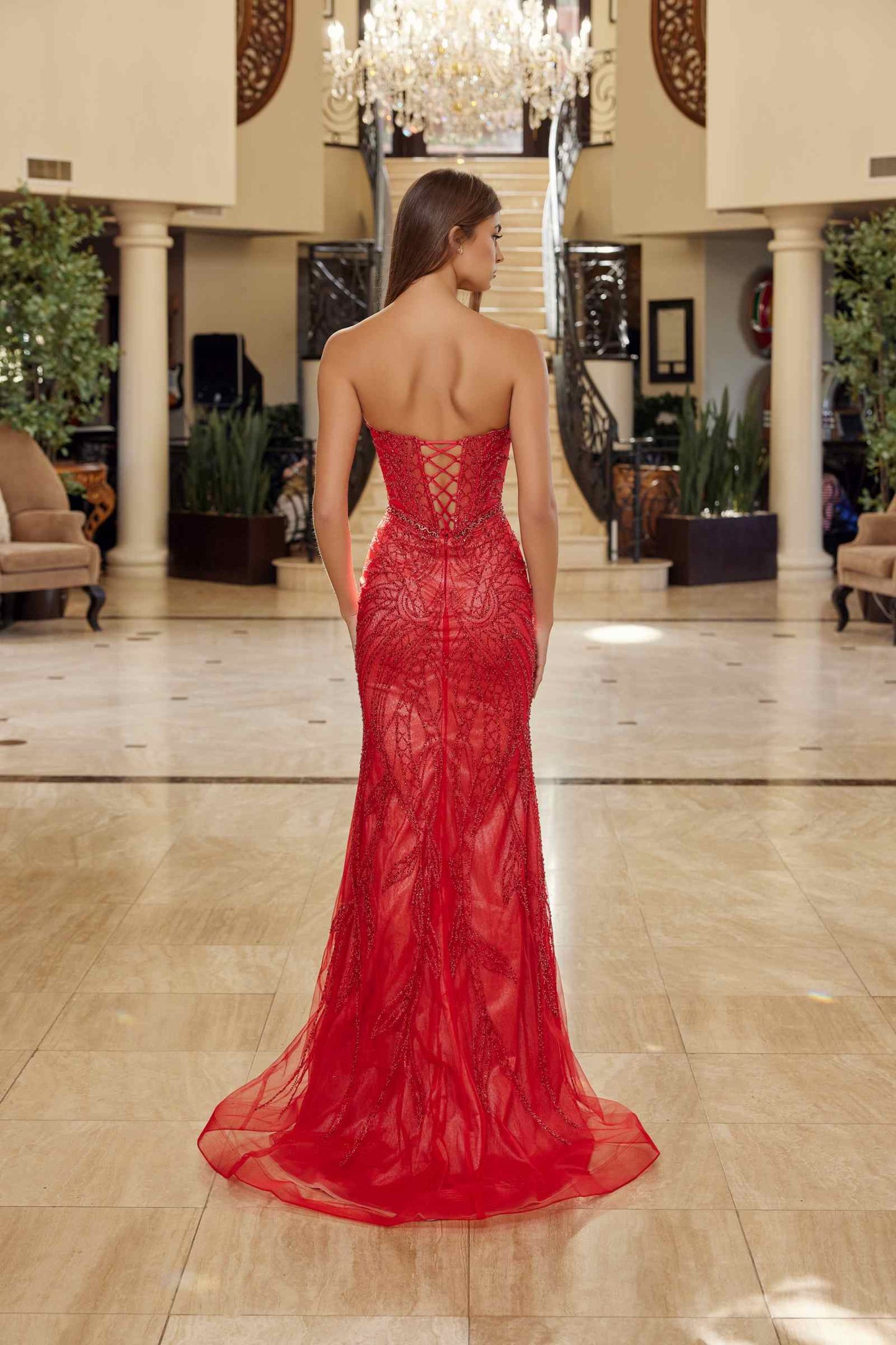 Nox Anabel C1848 Fitted Beaded Tulle Strapless Keyhole Bodice Prom Gown