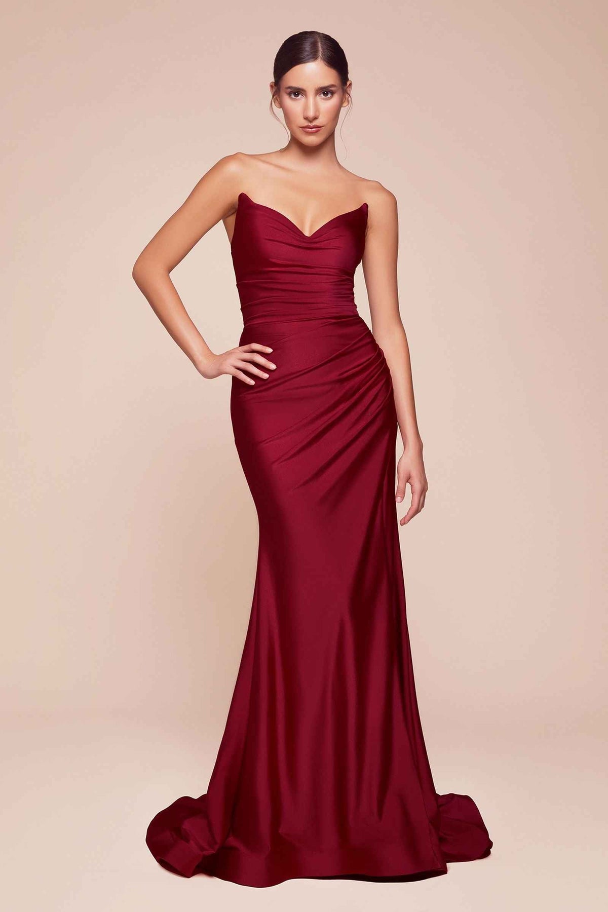 CLEARANCE - Ladivine CD791 Dress Strapless Stretch Satin Fitted Dusty Rose Gown (Size 8)