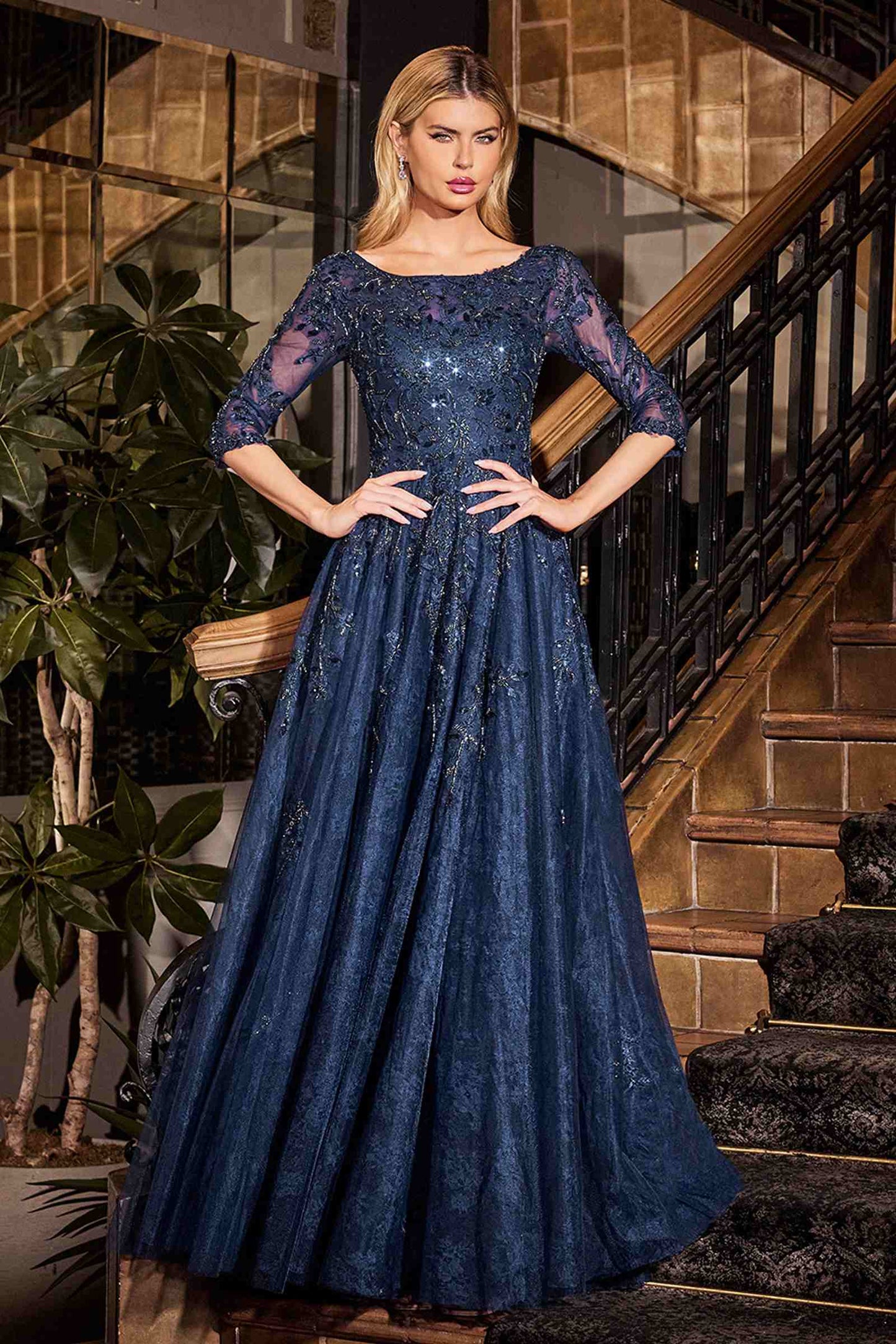 Ladivine CK2401 A-Line Lace & Tulle Modest Mother of the Bride Gown