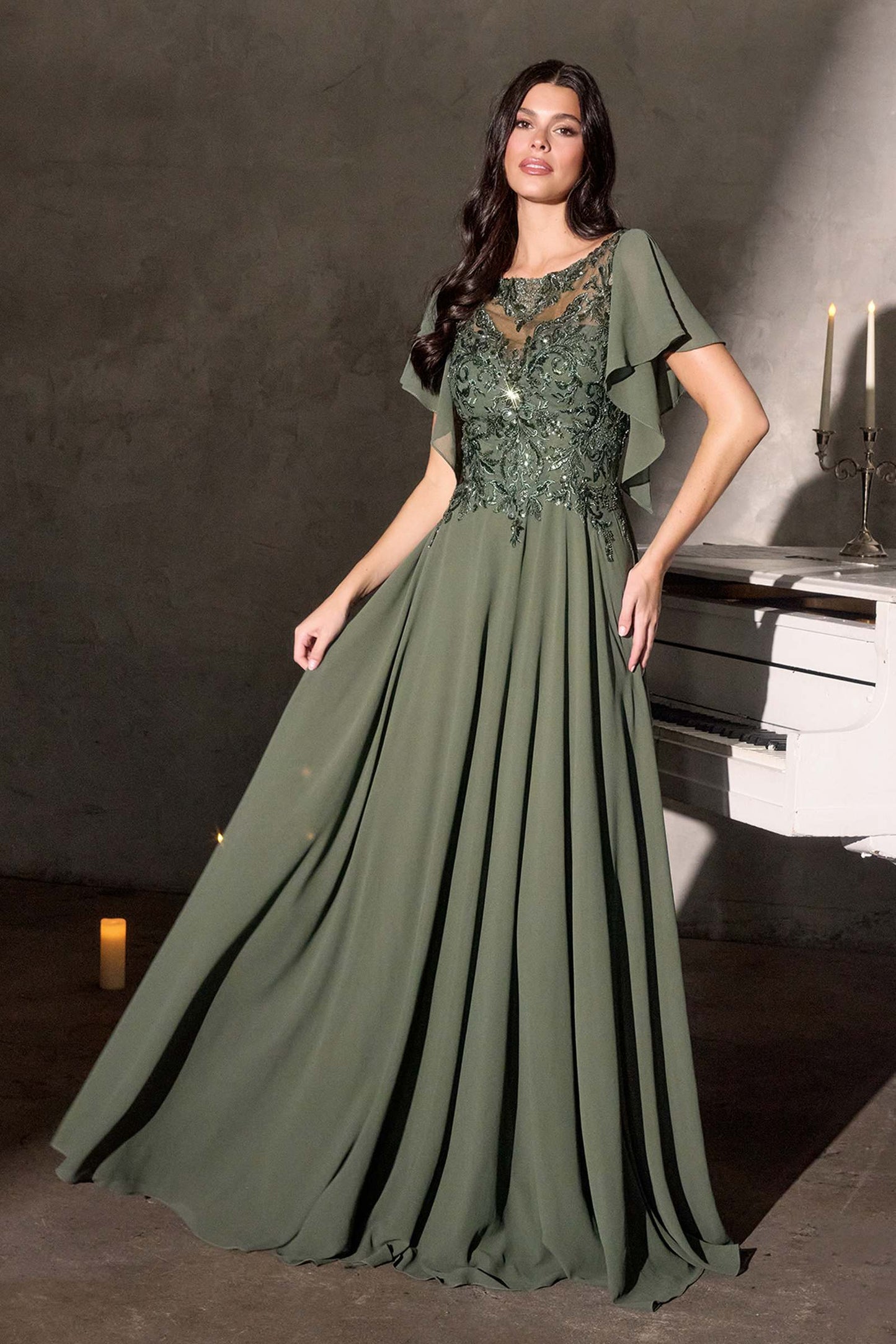 Ladivine CL09 Flutter Sleeve Illusion Neck A-Line Chiffon Gown