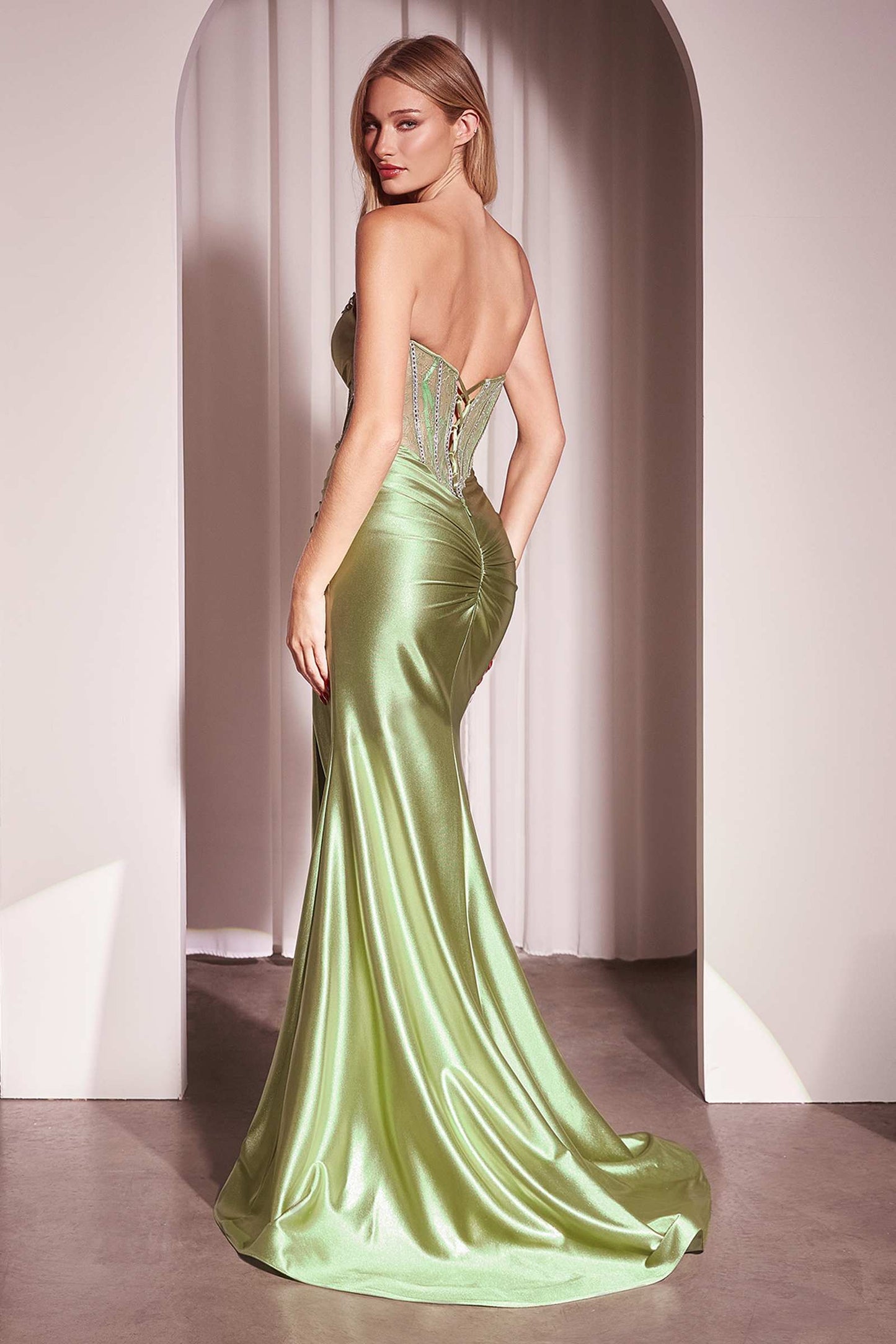 Ladivine CM368 Dress Strapless Lace Bodice Satin Fitted Gown