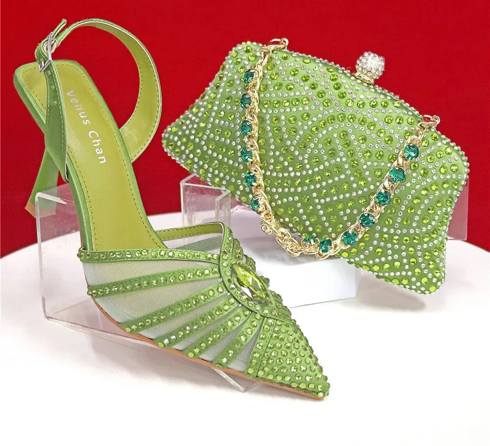 Women's Green Heels and Rhinestone Handbag Set GTR54