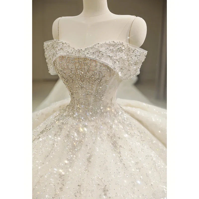 Exquisite White Wedding Dress Boat Neck EDL451